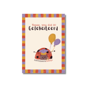 Kaart met lieveheersbeestje en de tekst: Yesss, you did it Gefeliciteerd - lieveheersfeestje